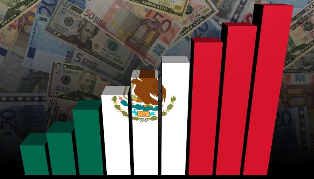 Mexican flag bar chart over dollars and Euros background illustration